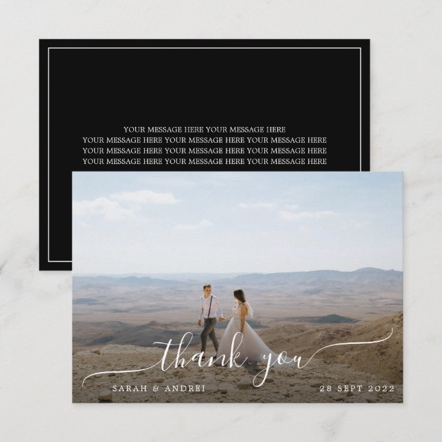Carte De Remerciements Mariage de script photo simple Black Modern (Devant / Derrière)