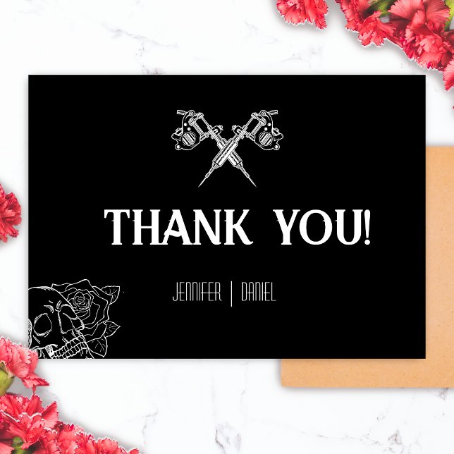 Carte De Remerciements Mariage de tatouage de crâne noir et blanc (Black and White Skull Tattoo Wedding Thank You Card)