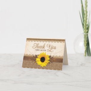 Carte De Remerciements Mariage de tournesol en bois de dentelle de Burlap