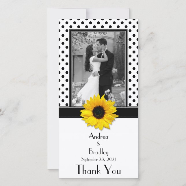 Carte De Remerciements Mariage de tournesol noir blanc Polka (Devant)