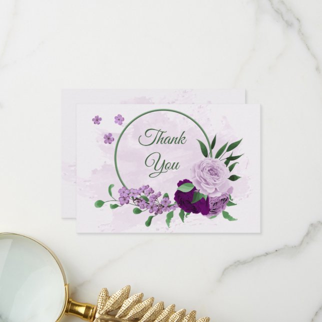 Carte De Remerciements Mariage de verdure aux fleurs violettes (Devant/Arrière en situation)