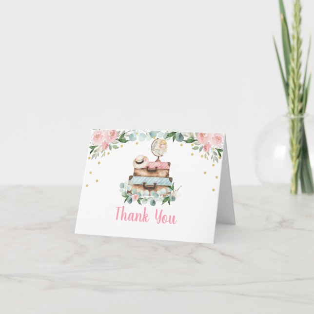 Carte De Remerciements Mariage de voyage floral or rose (Devant)
