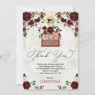 Carte De Remerciements Mariage de voyage vintage Fleurs roses bordeaux