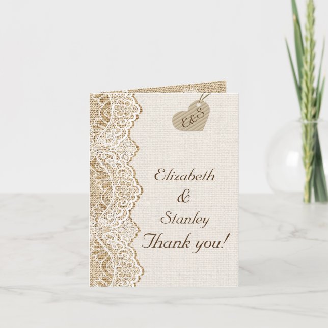 Carte De Remerciements Mariage dentelle blanche & cœur sur toile de jute  (Devant)