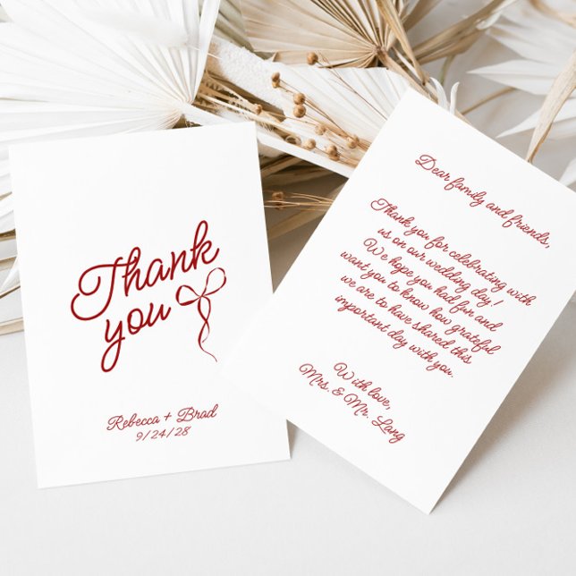Carte De Remerciements Mariage d'esquisse de ruban à ruban à main rouge (Red Hand Drawn Bow Ribbon Sketch Wedding Thank You Card)