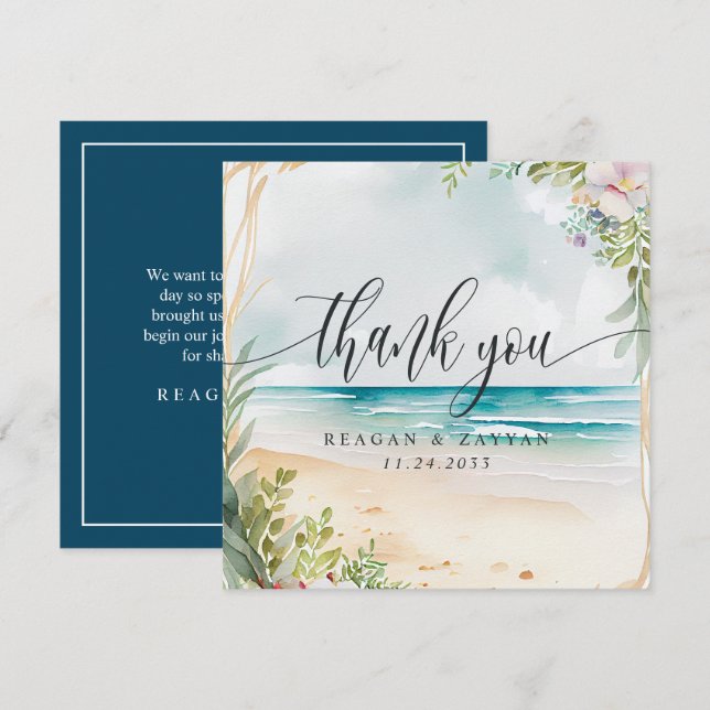 Carte De Remerciements Mariage d'été de la plage Watercolor (Devant / Derrière)