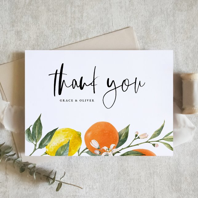 Carte De Remerciements Mariage d'été de l'orange botanique et du citron (Botanical Orange and Lemon Summer Wedding Thank You Card)