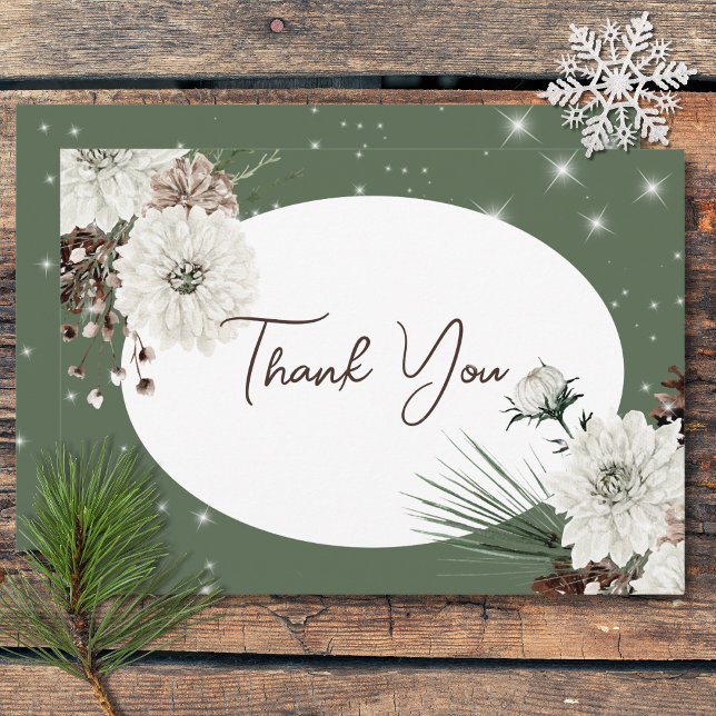 Carte De Remerciements Mariage d'étincelle d'hiver Rustique Green Pine (Rustic Green Pine Winter Sparkle Wedding Thank You Card)