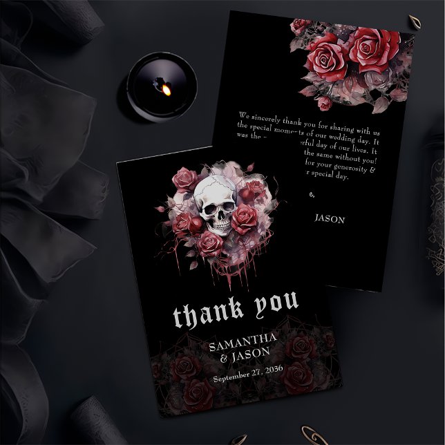 Carte De Remerciements Mariage d'Halloween Crâne Floral Gothique Sombre e (Créateur téléchargé)