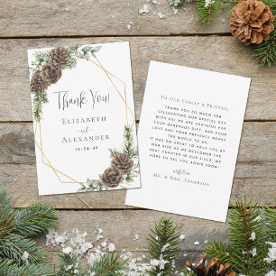Carte De Remerciements Mariage d'hiver élégant au cône de pin toujours ve