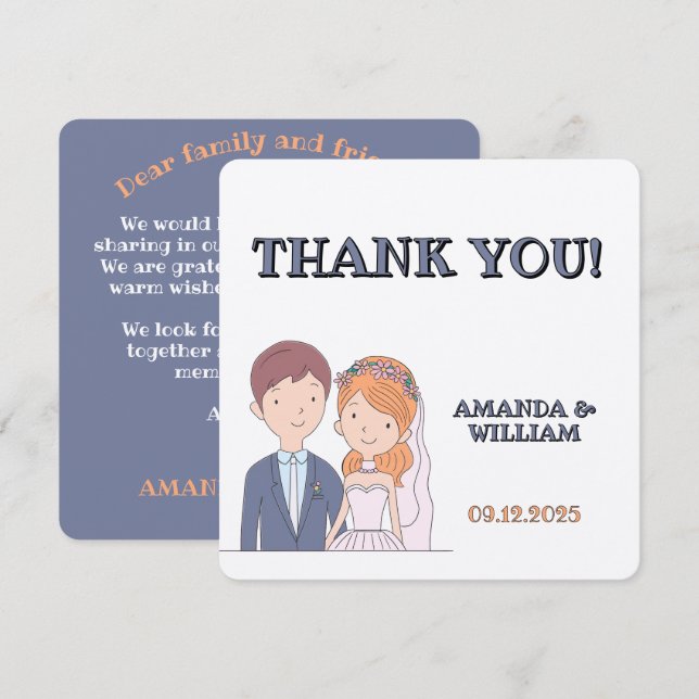 Carte De Remerciements Mariage d'illustration simple, semblable à un dess (Devant / Derrière)