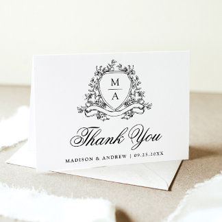 Carte De Remerciements Mariage élégant à monogramme avec blason floral no