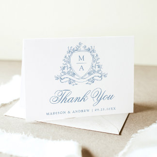 Carte De Remerciements Mariage élégant à motif floral bleu avec monogramm