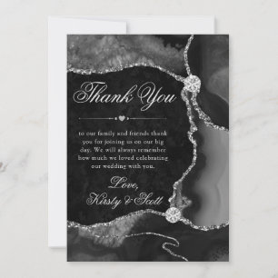 Carte De Remerciements Mariage élégant agate noir et paillettes argentées