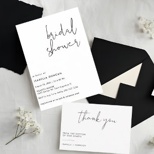 Carte De Remerciements Mariage Élégant Blanc et Noir Calligraphie Fête de
