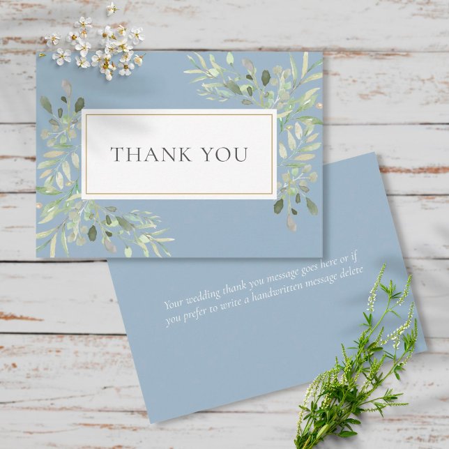Carte De Remerciements Mariage Élégant Feuilles de Verdure Bleu Poussiére (Créateur téléchargé)