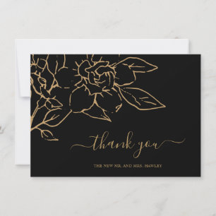 Carte De Remerciements Mariage élégant floral en noir et or avec dessin a