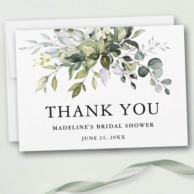 Carte De Remerciements Mariage élégant moderne à l'aquarelle avec verdure (Customize to change text color, text style or add text & photos to back of card.)