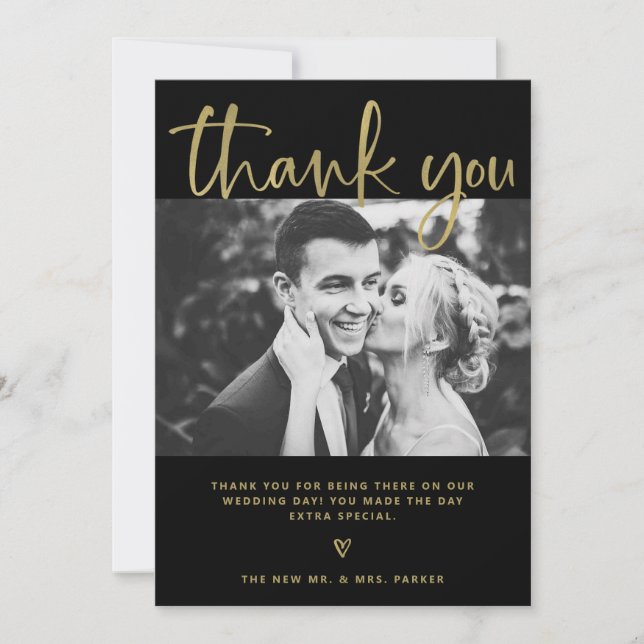 Carte De Remerciements Mariage| Elégant noir et or avec photos (Devant)
