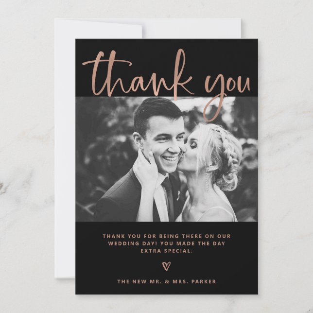 Carte De Remerciements Mariage| Elégant or noir et Rose avec photos (Devant)