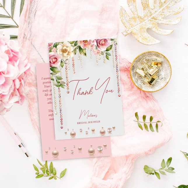 Carte De Remerciements Mariage élégant perles et prosecco (Pearls and prosecco bridal shower elegant thank you card blush pink roses and pearls thank you card)
