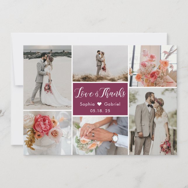 Carte De Remerciements Mariage Élégant Romantique Collage de 6 Photos de  (Devant)