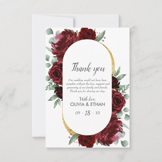 Carte De Remerciements Mariage Élégant Rustique Fleur Rose Rouge Or Blanc (Devant)