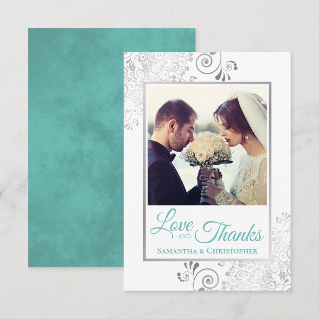 Carte De Remerciements Mariage élégant Silver Frills & Aqua Love & Thanks (Devant / Derrière)
