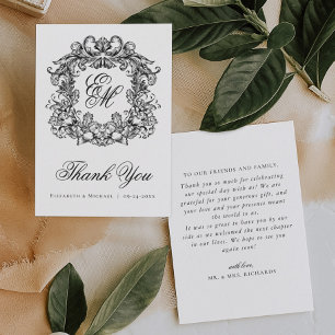 Carte De Remerciements Mariage Élégant Vintage Blason Monogramme 