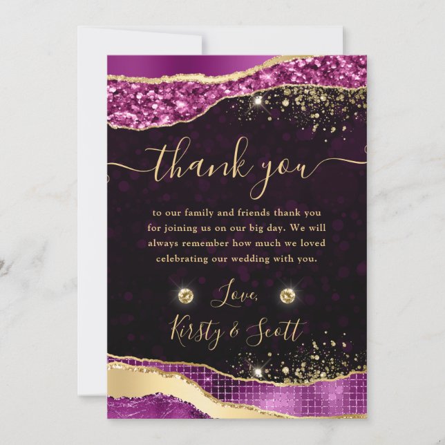 Carte De Remerciements Mariage Élégant Violet et Or Paillettes Glam Larme (Devant)