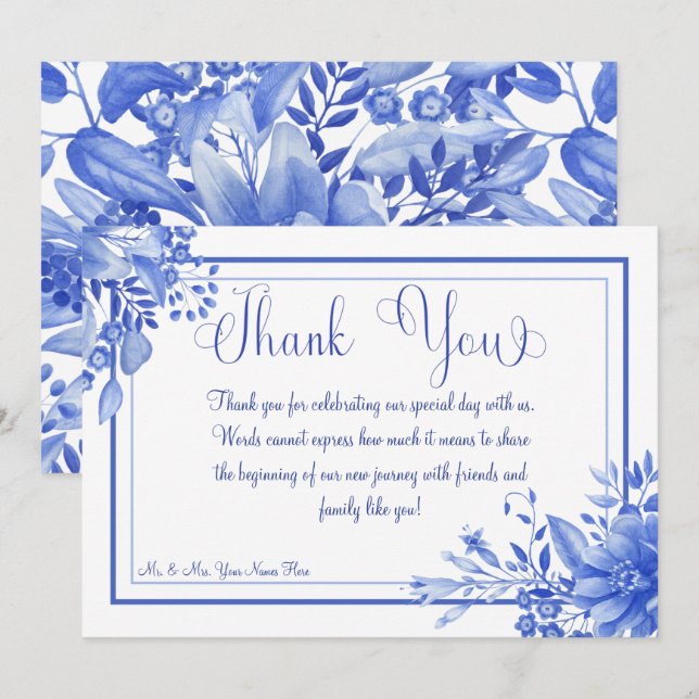 Carte De Remerciements Mariage en porcelaine florale bleu et blanc (Devant / Derrière)