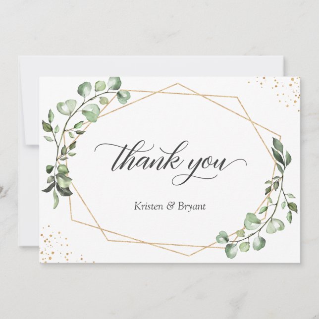 Carte De Remerciements Mariage Eucalyptus de cadre d'or géométrique moder (Devant)