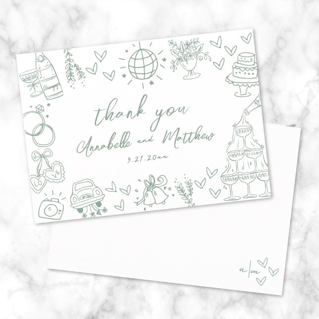 Carte De Remerciements Mariage fantaisiste vert dessiné à la main (Hand Drawn Green Whimsical Wedding Thank You Card)