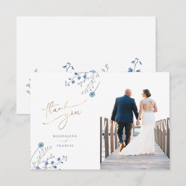 carte de remerciements mariage fleur sauvage bleu (Devant / Derrière)