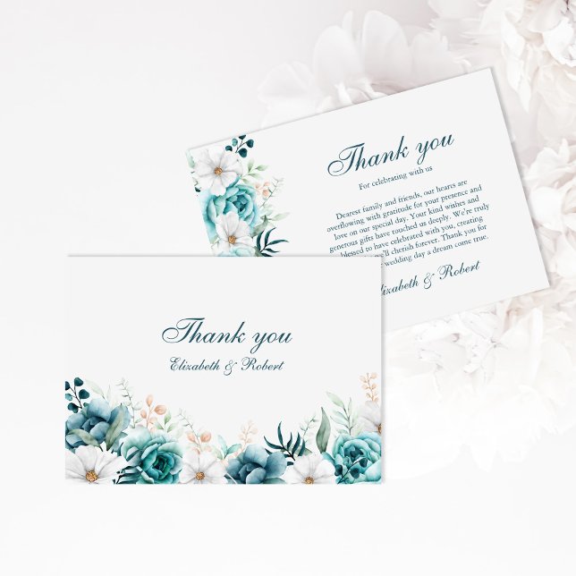 Carte De Remerciements Mariage Fleur sauvage turquoise et non blanc (Teal and Off-White Wildflowers Wedding Thank You Card on a white floral background.)