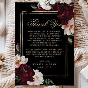 Carte De Remerciements Mariage Fleurs Noires Rouge Bourgogne Sombre et Se