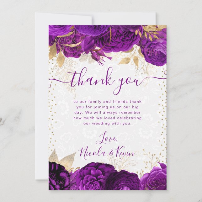 Carte De Remerciements Mariage Fleurs Violet et Or Aquarelle (Devant)