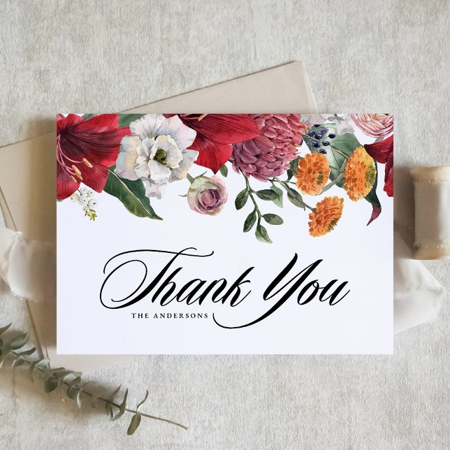 Carte De Remerciements Mariage Floral à l'Aquarelle Amaryllis et Chrysant (Créateur téléchargé)