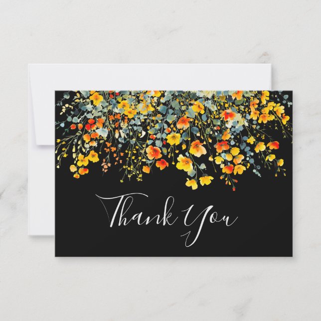 Carte De Remerciements Mariage Floral à l'Aquarelle Noire (Devant)