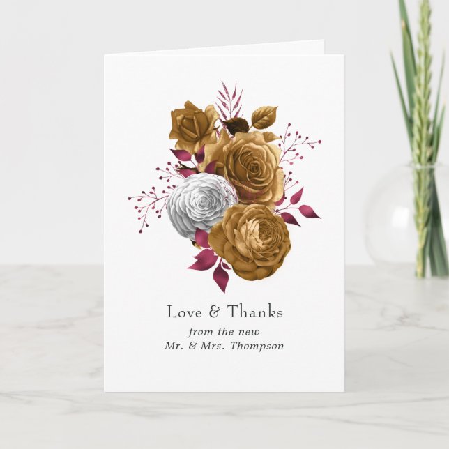 Carte De Remerciements Mariage floral blanc, bourgogne et or (Devant)