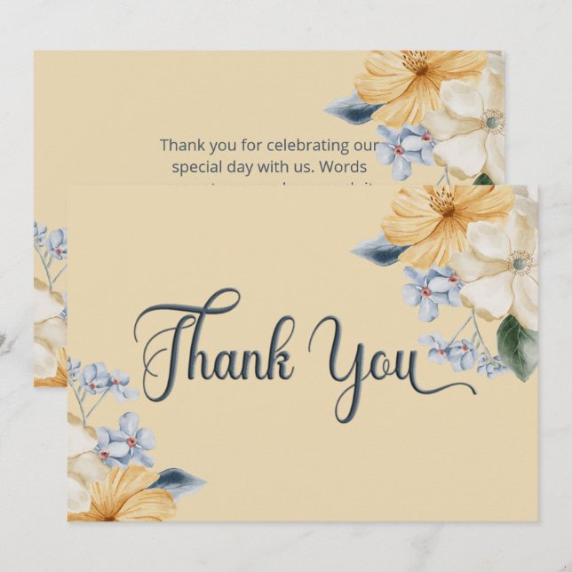 Carte De Remerciements Mariage floral bleu jaune et blanc (Devant / Derrière)