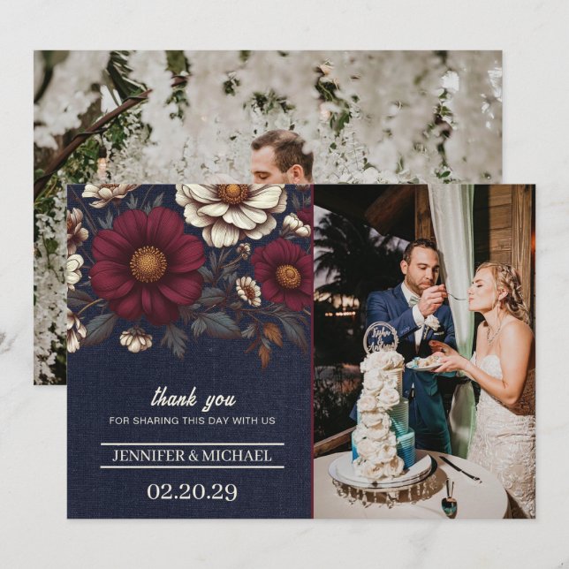 Carte De Remerciements Mariage floral bleu marine et bourgogne (Devant / Derrière)