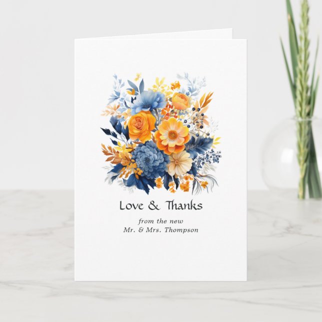Carte De Remerciements Mariage floral bleu, orange et jaune (Devant)