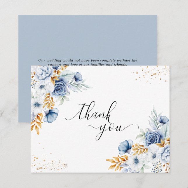 Carte De Remerciements Mariage Floral Bleu Poussiéreux Or Blanc (Devant / Derrière)