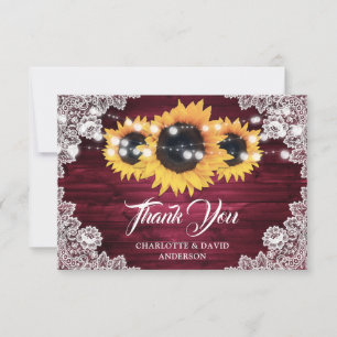 Carte De Remerciements Mariage Floral Bois Rustique Bourgogne Tournesol D
