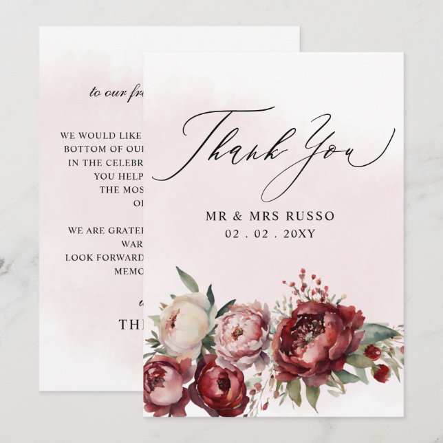 Carte De Remerciements Mariage floral Burgundy élégant Script (Devant / Derrière)
