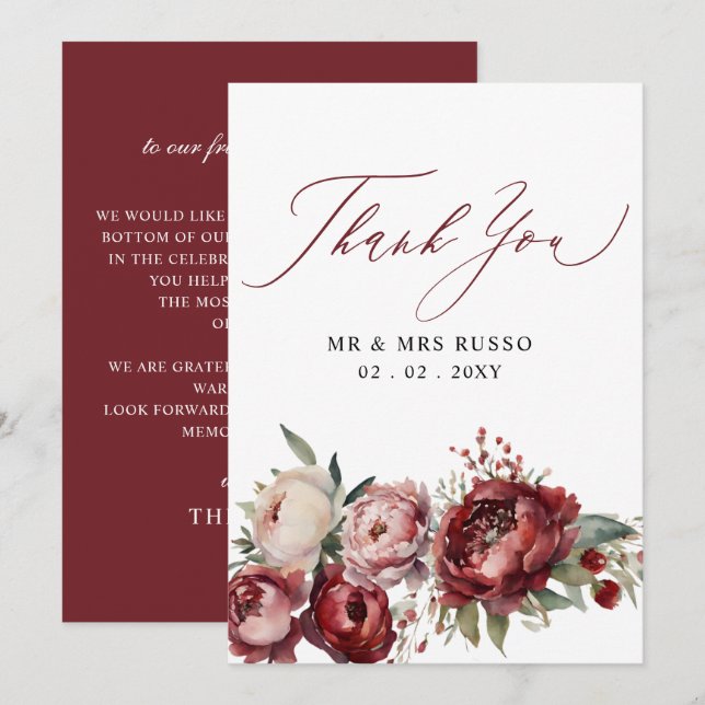 Carte De Remerciements Mariage floral Burgundy élégant Script (Devant / Derrière)