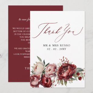 Carte De Remerciements Mariage floral Burgundy élégant Script