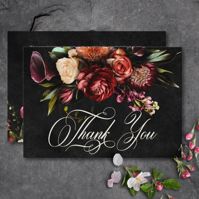 Carte De Remerciements Mariage floral d'automne élégant foncé (Dark Elegant Autumn Floral Wedding Thank You Card)