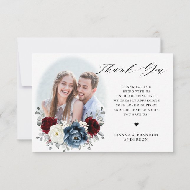 Carte De Remerciements Mariage floral d'ivoire blanc bleu ardoise (Devant)
